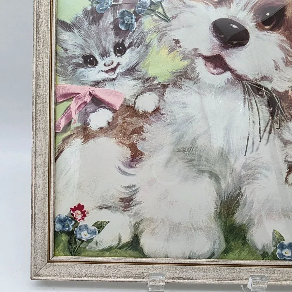 Vintage Framed Puppy & Kittens Print Wall Art Retro Illustration Wooden Frame 50